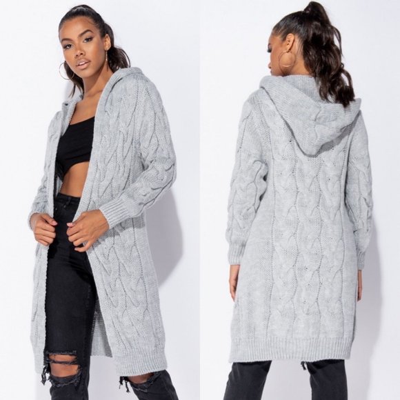 Sweaters - Chunky Cable Knit Long Sleeve Hooded Midi Cardigan